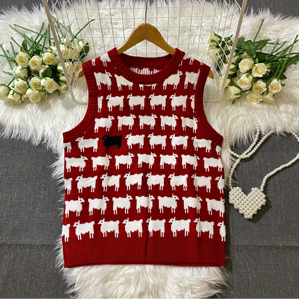 Rowing Blazers Red Knit V-Neckless Sweater Vest with White Sheep Pattern